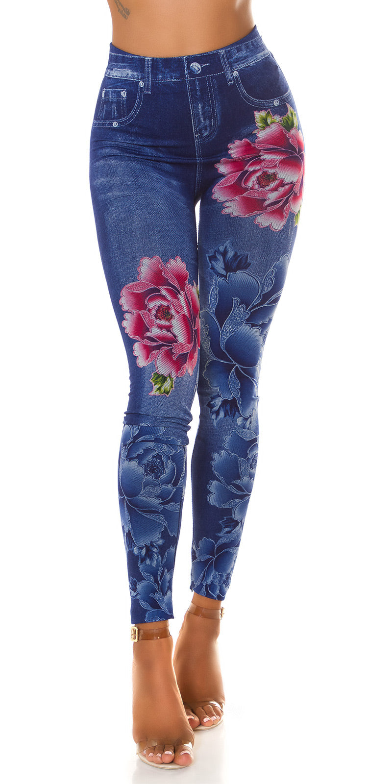 Seksowne legginsy Jeanslook z kwiatowym nadrukiem