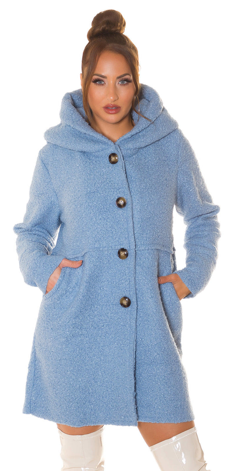 Piękny płaszcz Boucle Look z kapturem