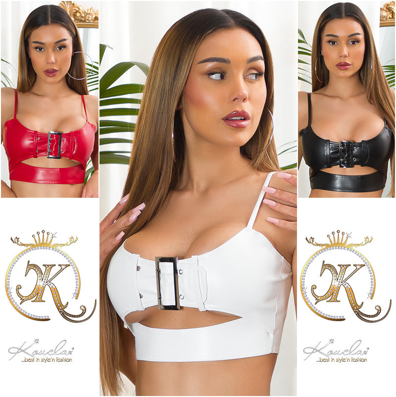 Seksowny Crop Top ze sztucznej skóry z klamrą