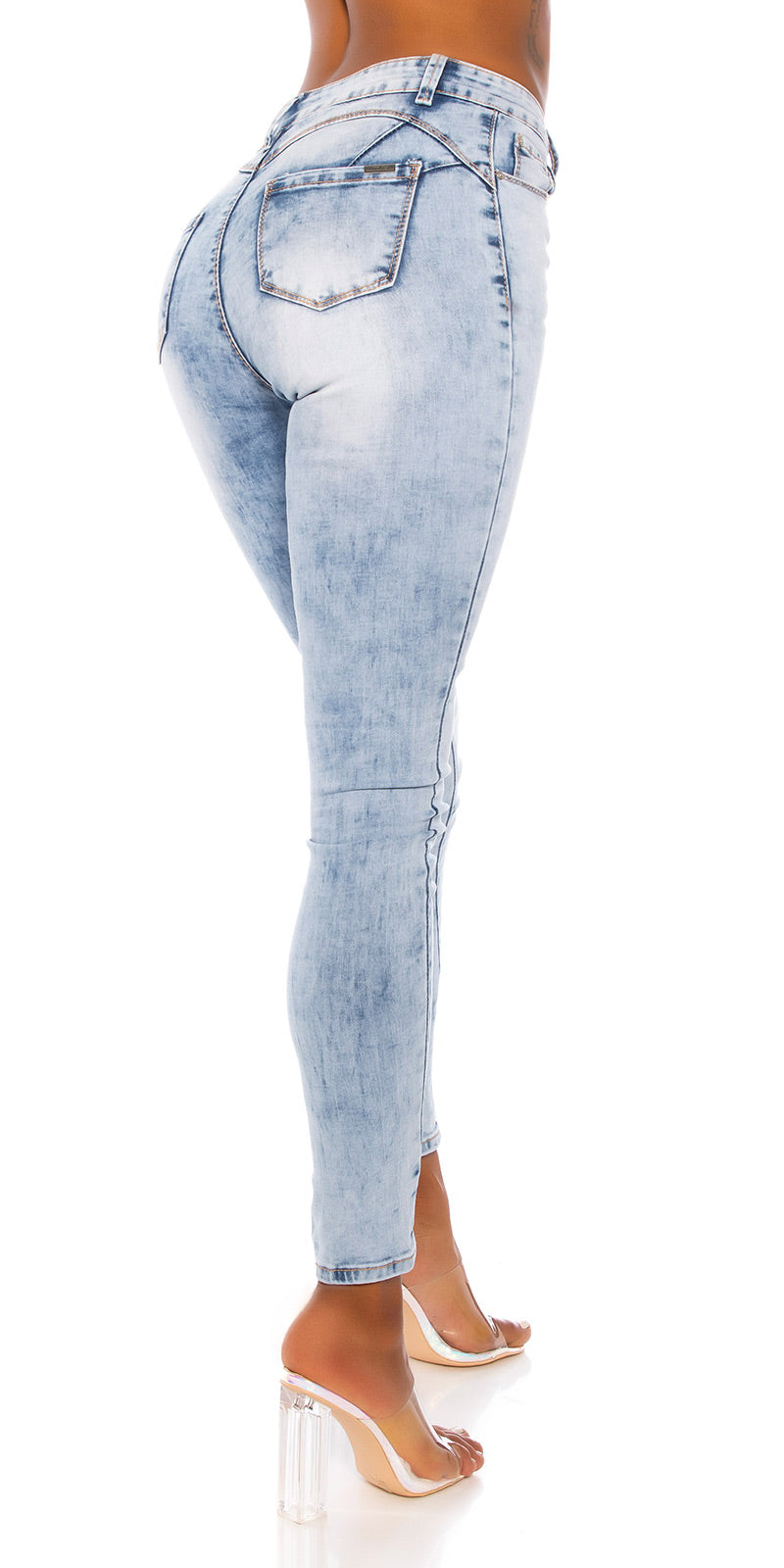 Seksowne jeansy skinny z wysokim stanem o kwasowym wyglądzie