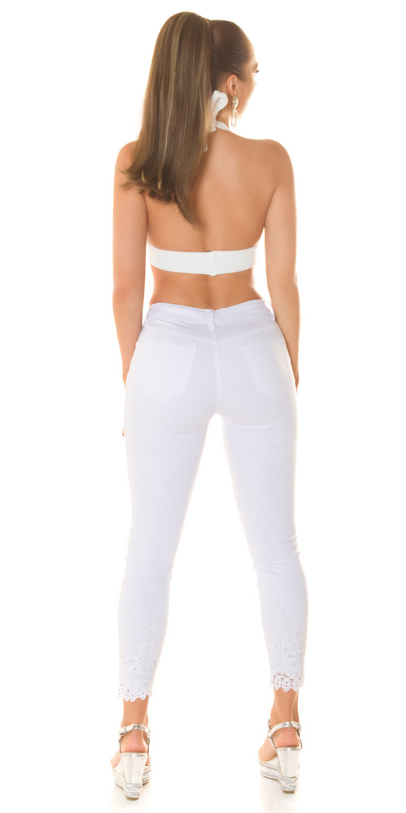 Seksowne jeansy skinny z brokatem i koronką