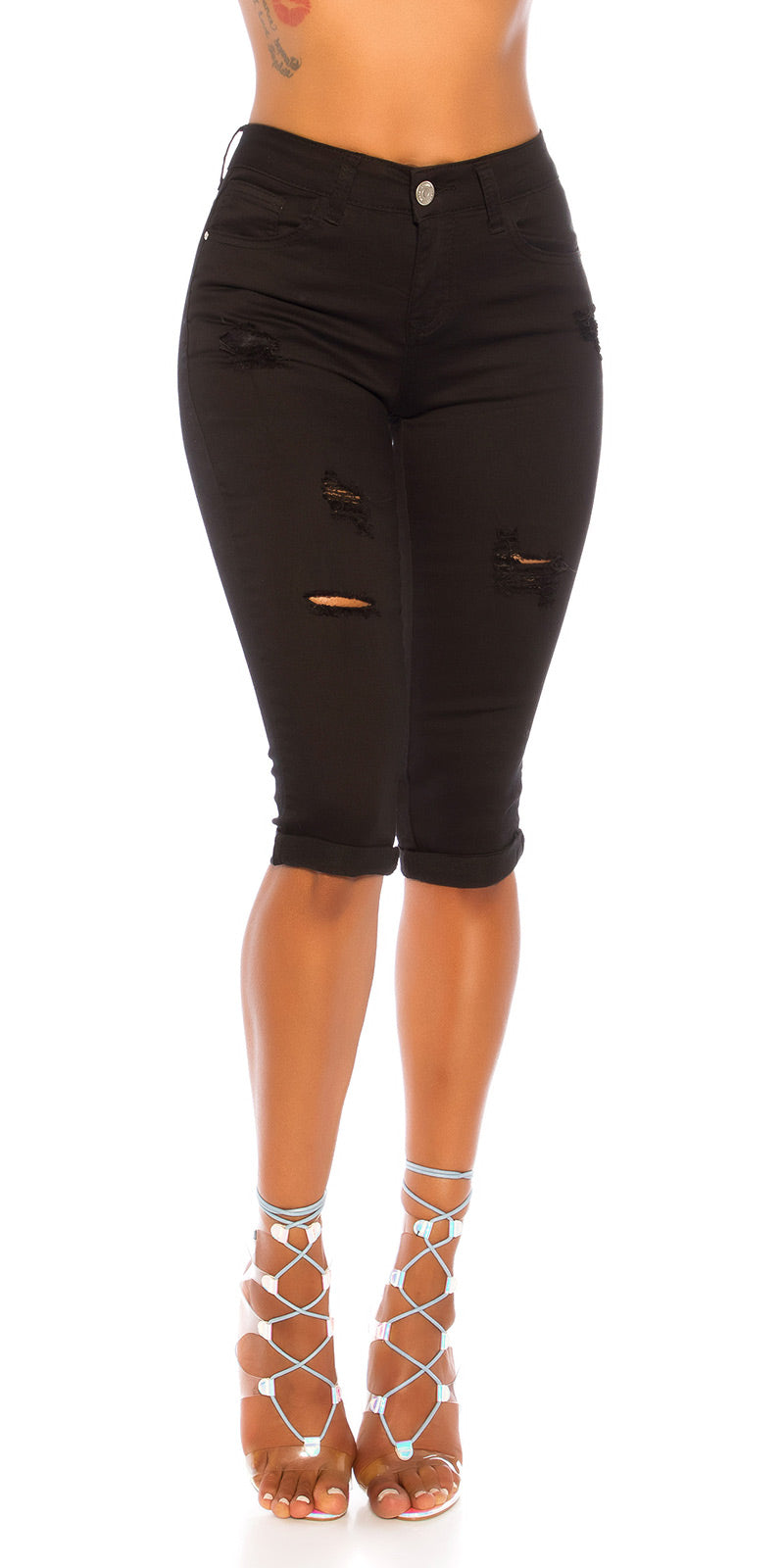 Seksowne jeansy Capri z wysokim stanem