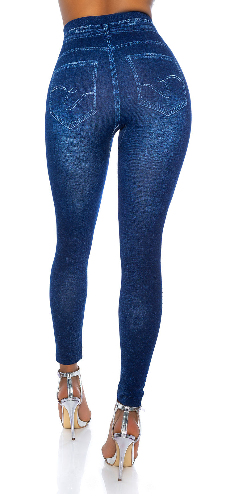 Modne legginsy Jeanslook z metalowymi płytkami