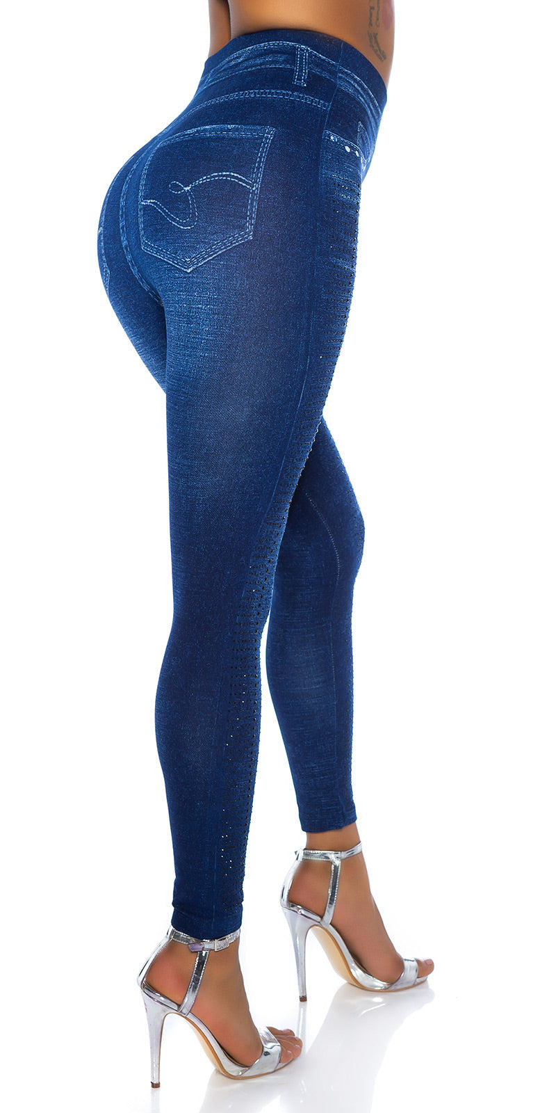 Modne legginsy Jeanslook z metalowymi płytkami