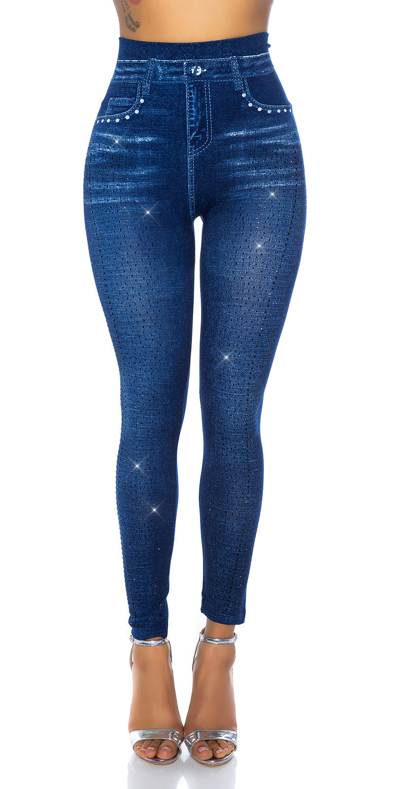 Modne legginsy Jeanslook z metalowymi płytkami
