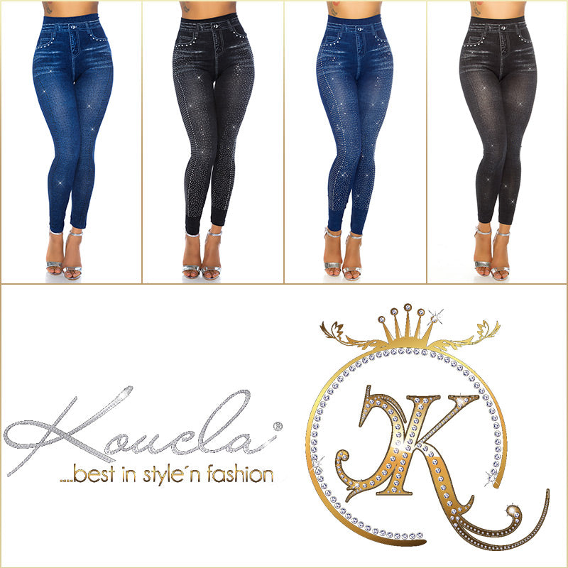 Modne legginsy Jeanslook z metalowymi płytkami