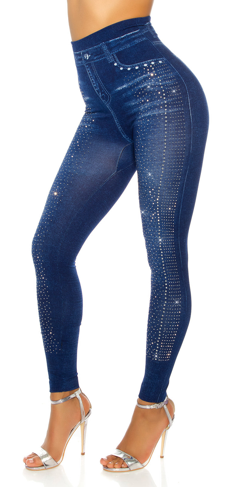 Modne legginsy Jeanslook z metalowymi płytkami