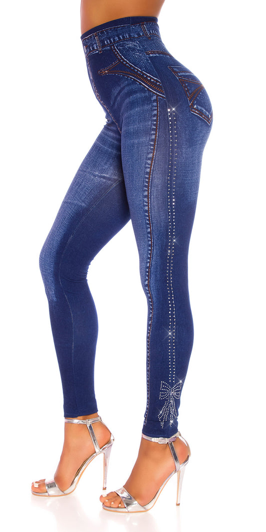 Seksowne legginsy Jeanslook z kokardką z dżetów