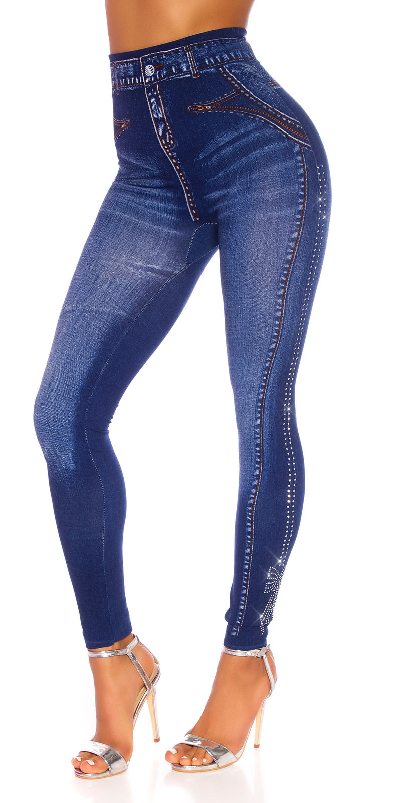 Seksowne legginsy Jeanslook z kokardką z dżetów