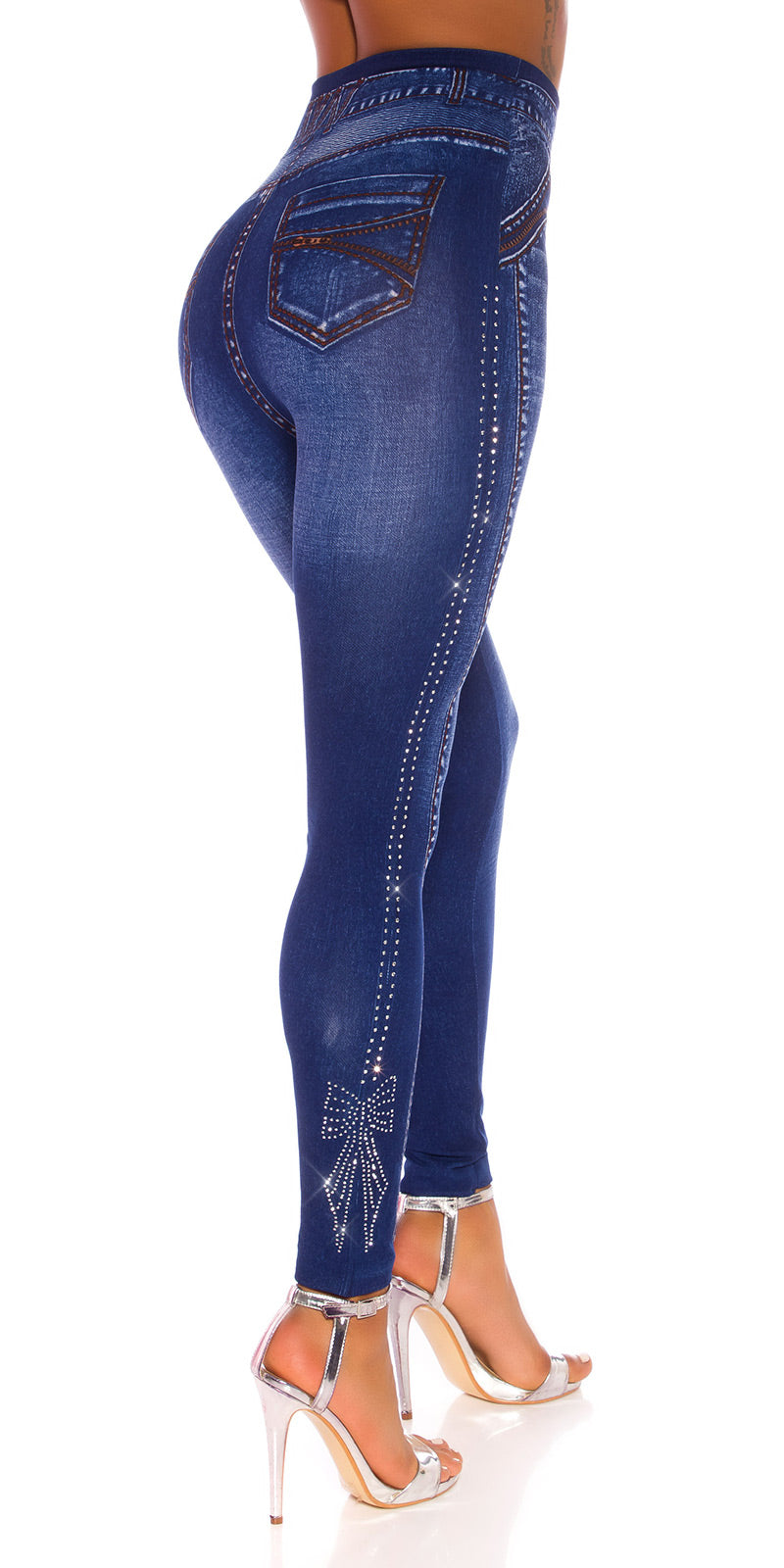 Seksowne legginsy Jeanslook z kokardką z dżetów