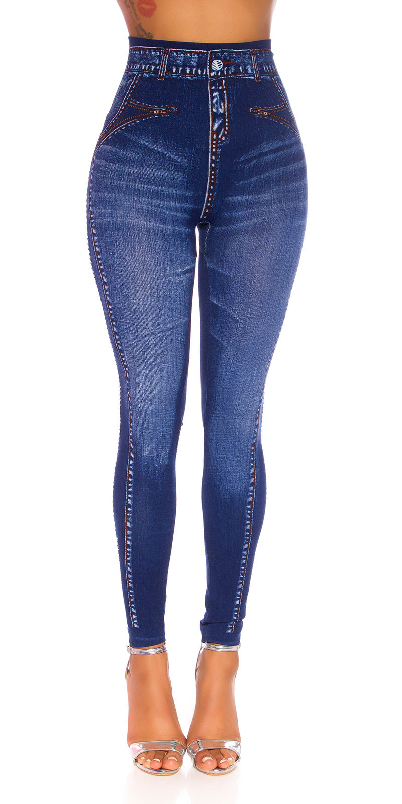 Seksowne legginsy Jeanslook z kokardką z dżetów