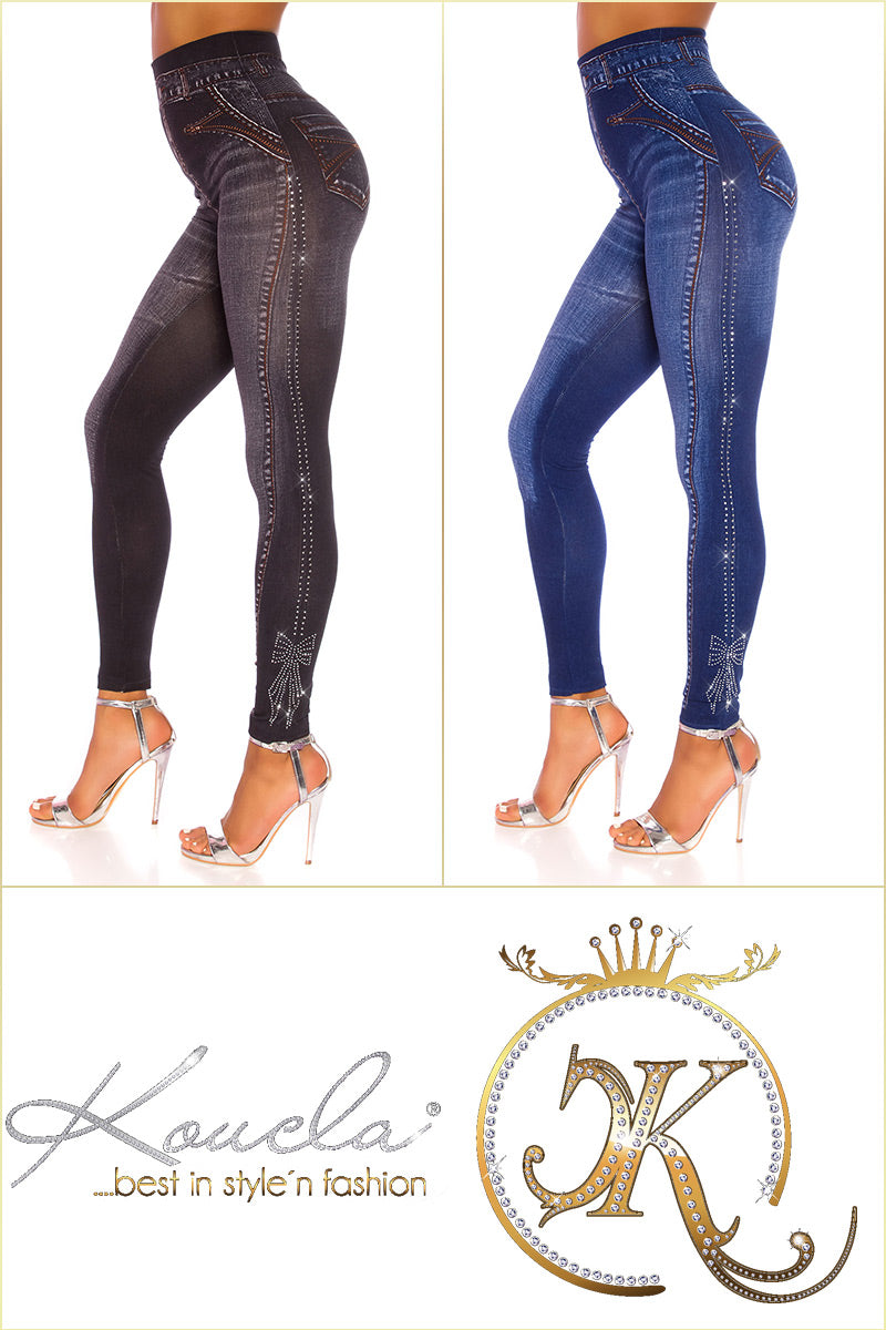Seksowne legginsy Jeanslook z kokardką z dżetów