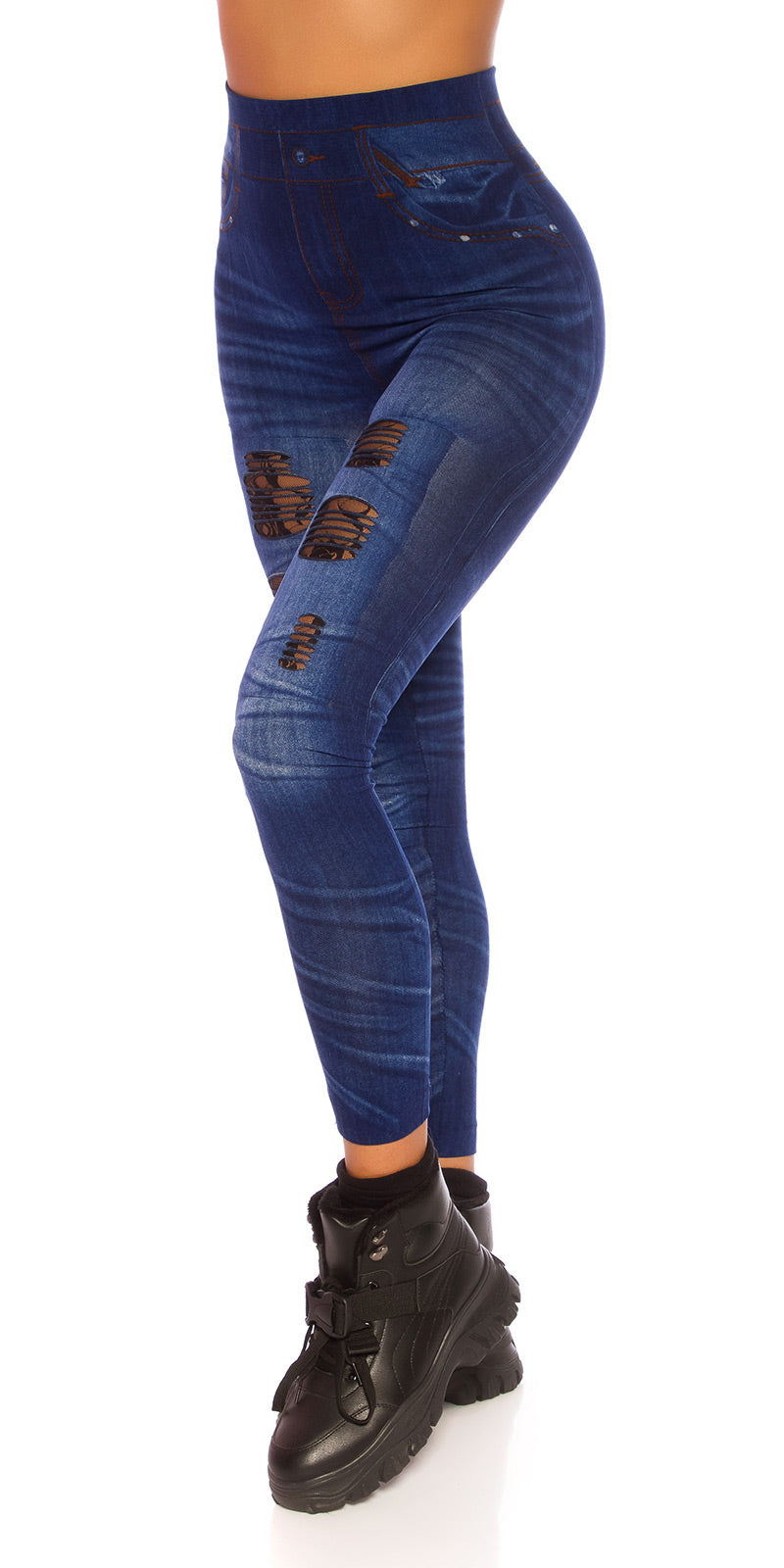 Seksowne legginsy Jeanslook z koronkowymi wycięciami