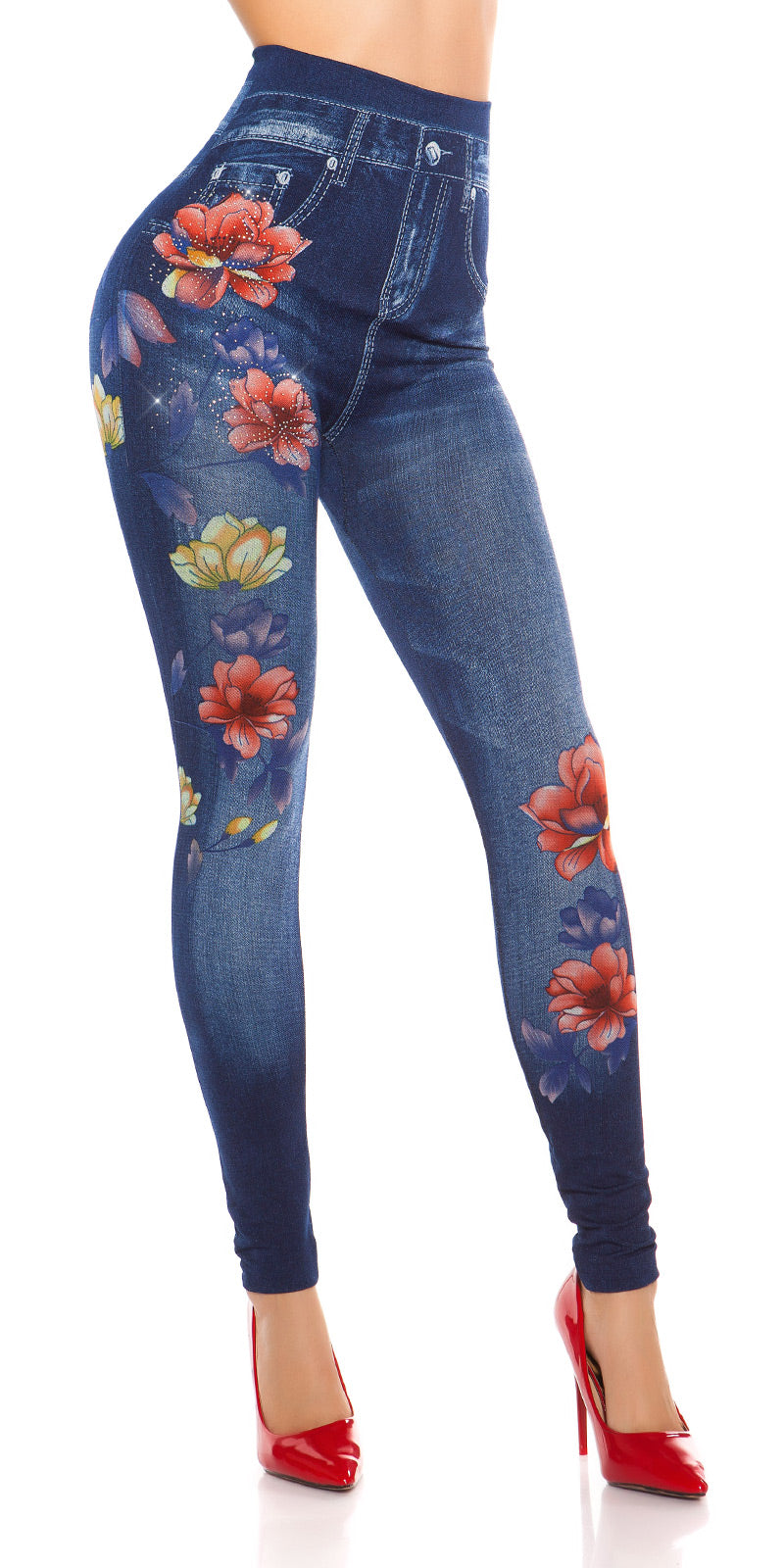 Seksowne legginsy Jeanslook z kwiatowym nadrukiem i dżetami