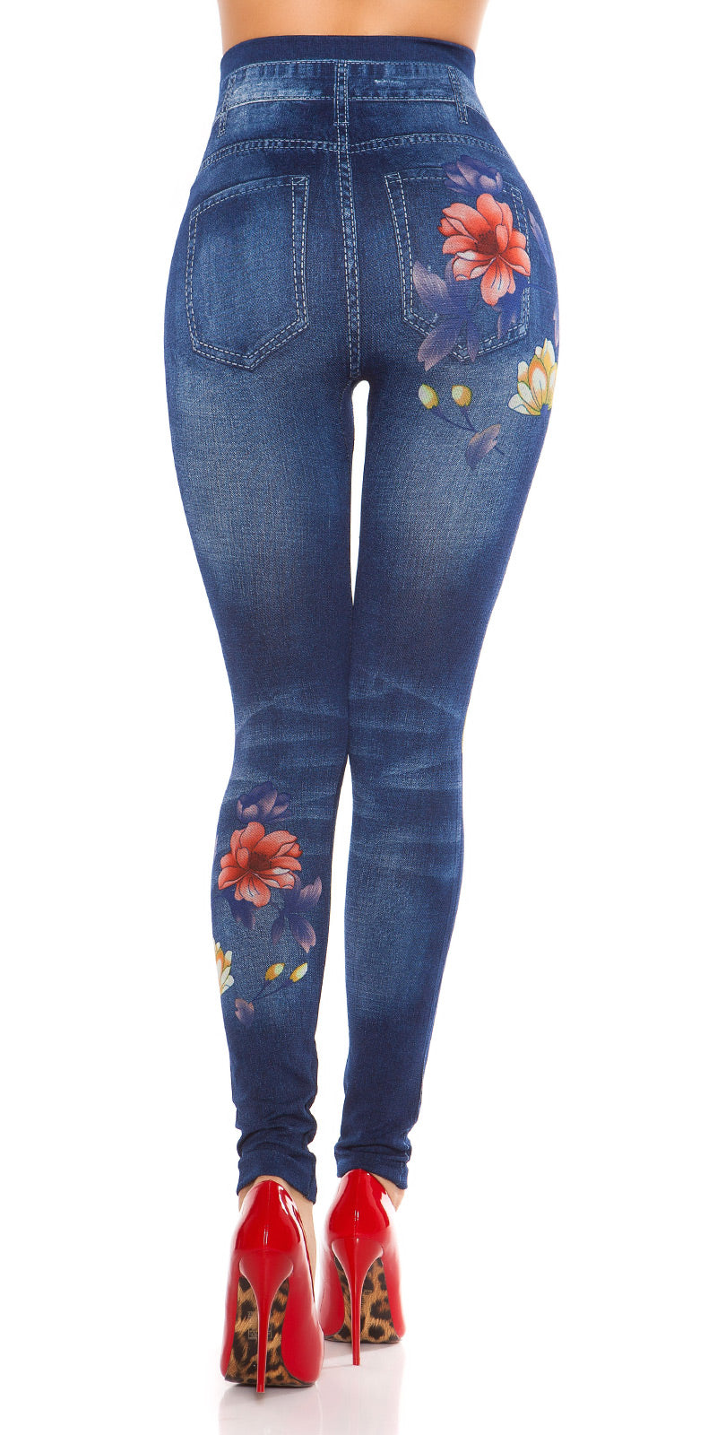 Seksowne legginsy Jeanslook z kwiatowym nadrukiem i dżetami