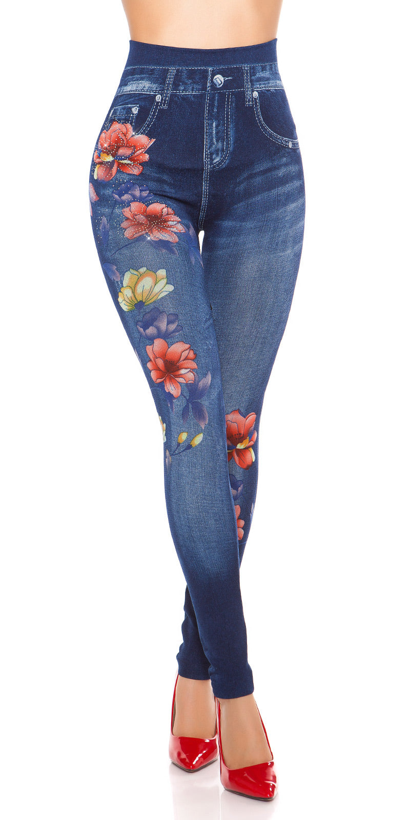 Seksowne legginsy Jeanslook z kwiatowym nadrukiem i dżetami