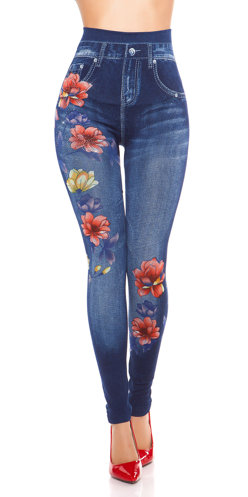Seksowne legginsy Jeanslook z kwiatowym nadrukiem i dżetami