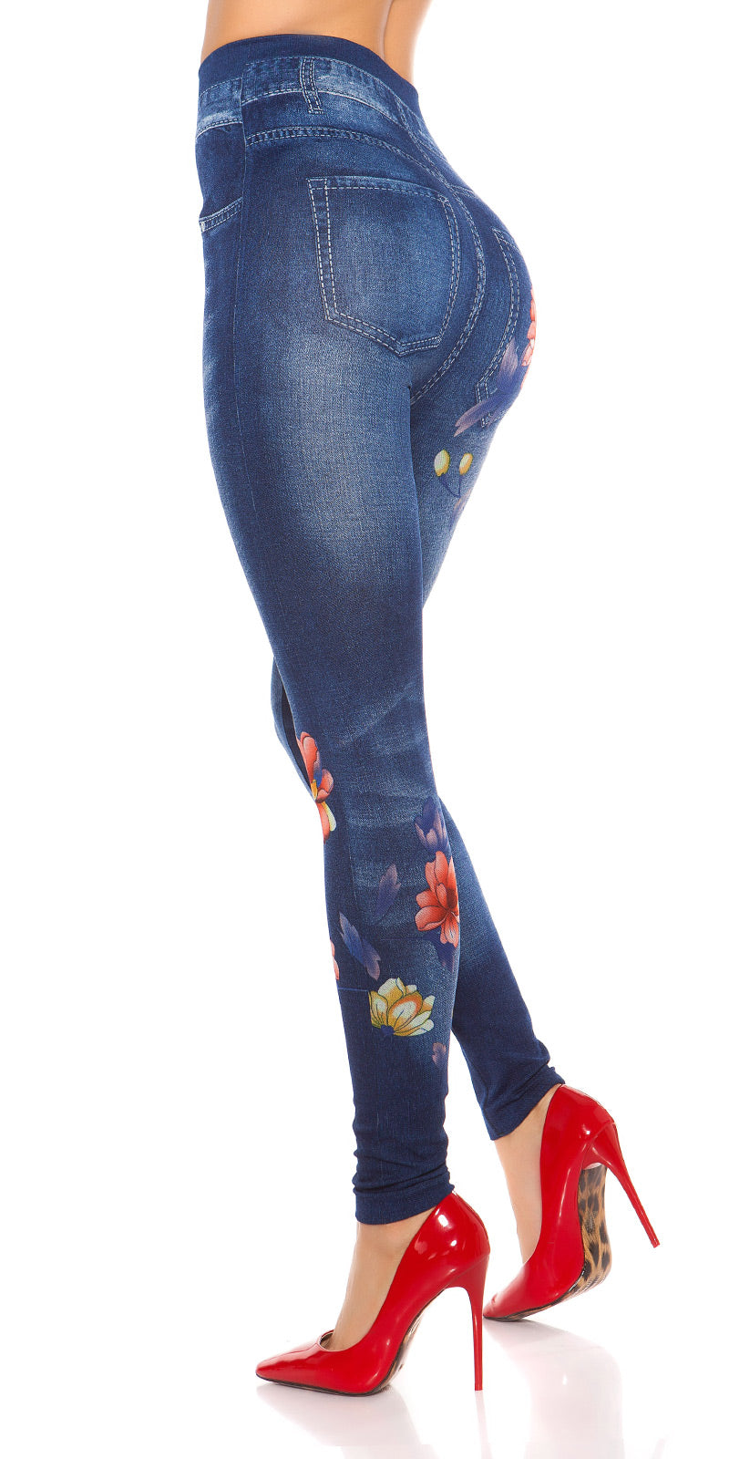 Seksowne legginsy Jeanslook z kwiatowym nadrukiem i dżetami