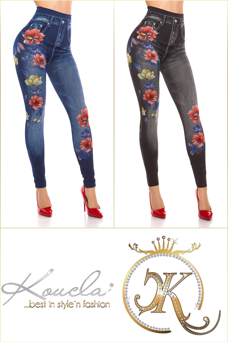 Seksowne legginsy Jeanslook z kwiatowym nadrukiem i dżetami