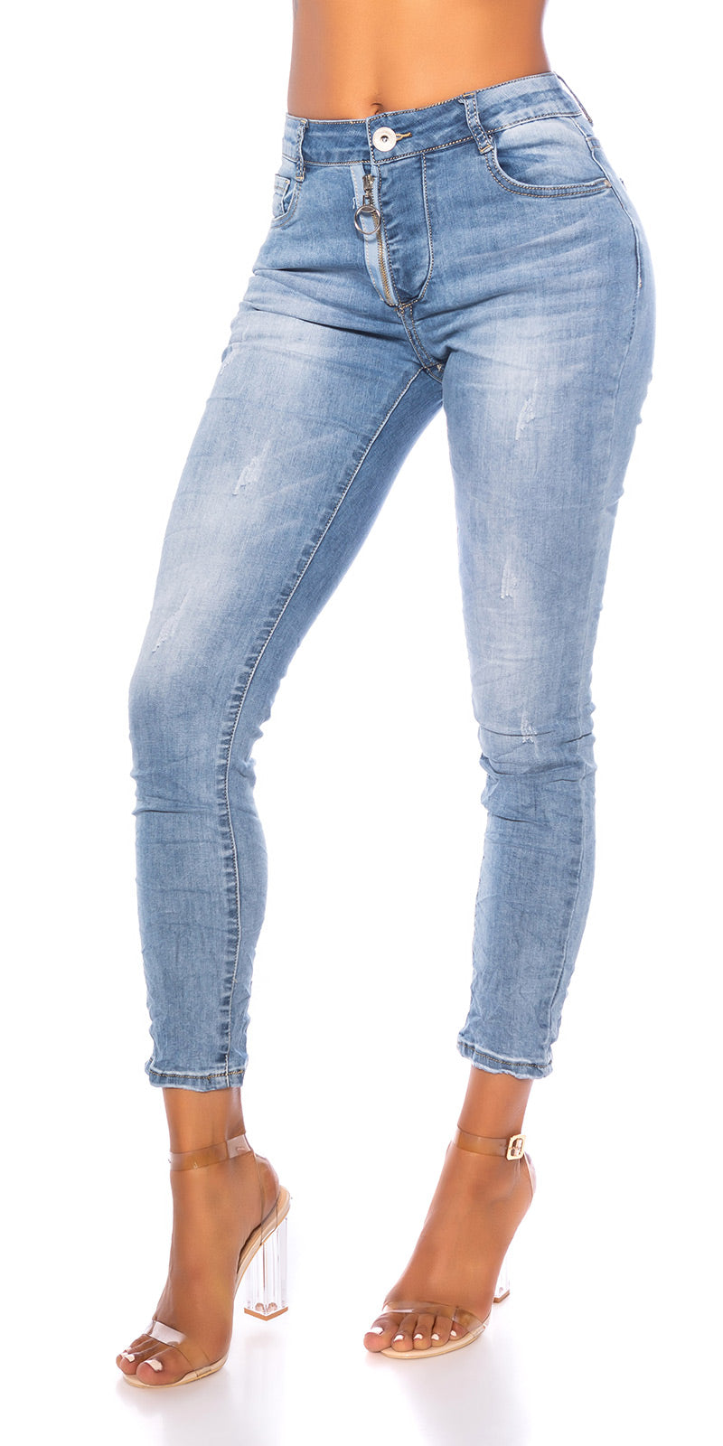 Seksowne jeansy skinny z odsłoniętym zamkiem błyskawicznym