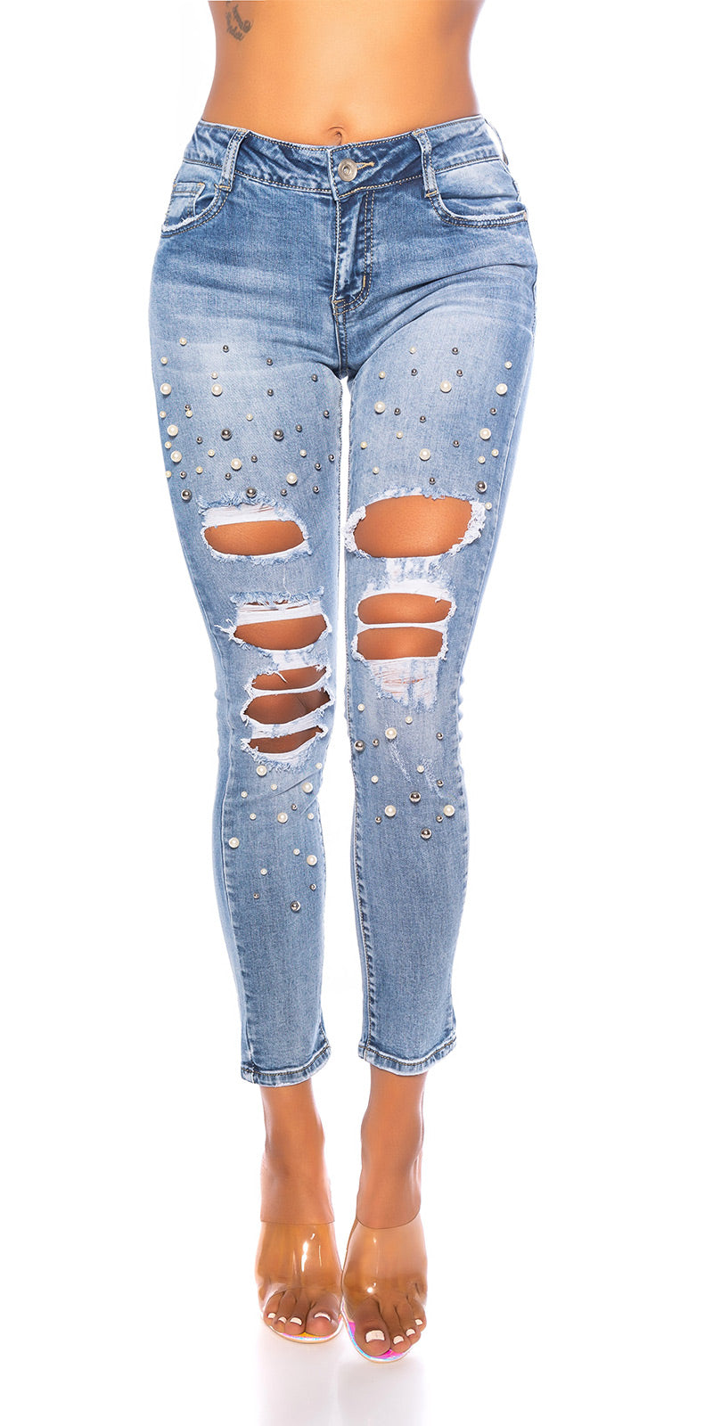 Seksownie wyglądające jeansy skinny z perłami