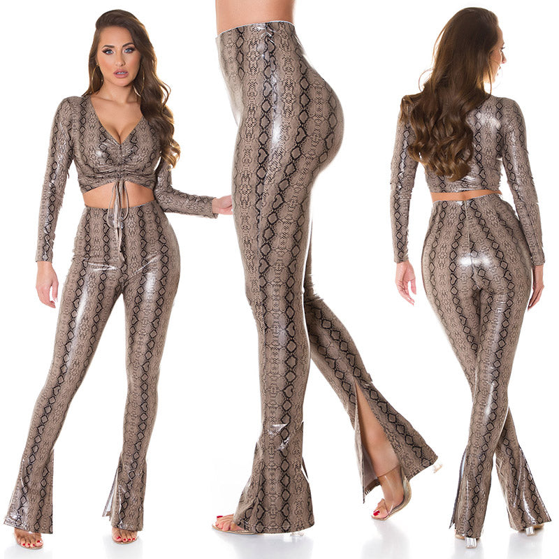 Seksowne rozkloszowane spodnie ze sztucznej skóry Animal Print