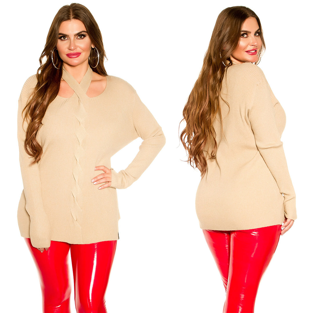 Curvy Girls! sweter w prążki z uchwytem na szyję