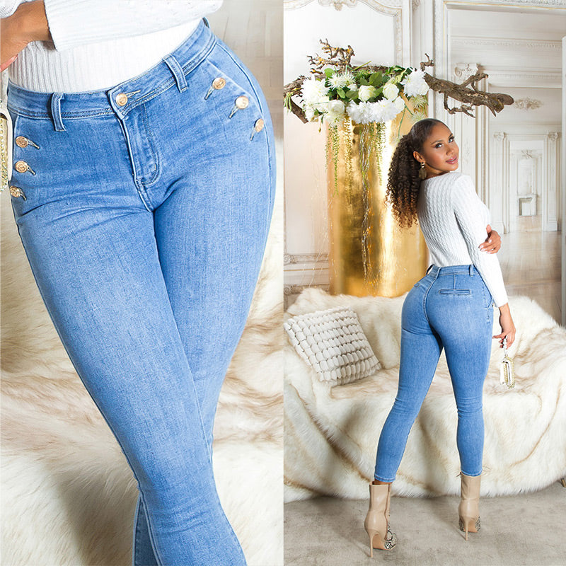 Seksowne jeansy skinny z wysokim stanem i guzikami