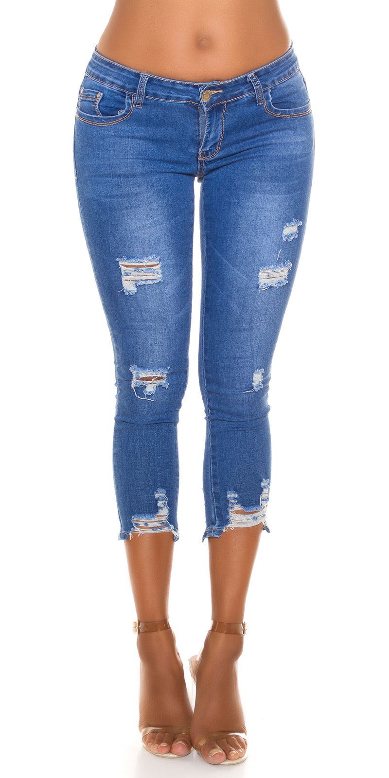 Seksowne dżinsy slim fit 7/8 z niskim stanem w stylu used look