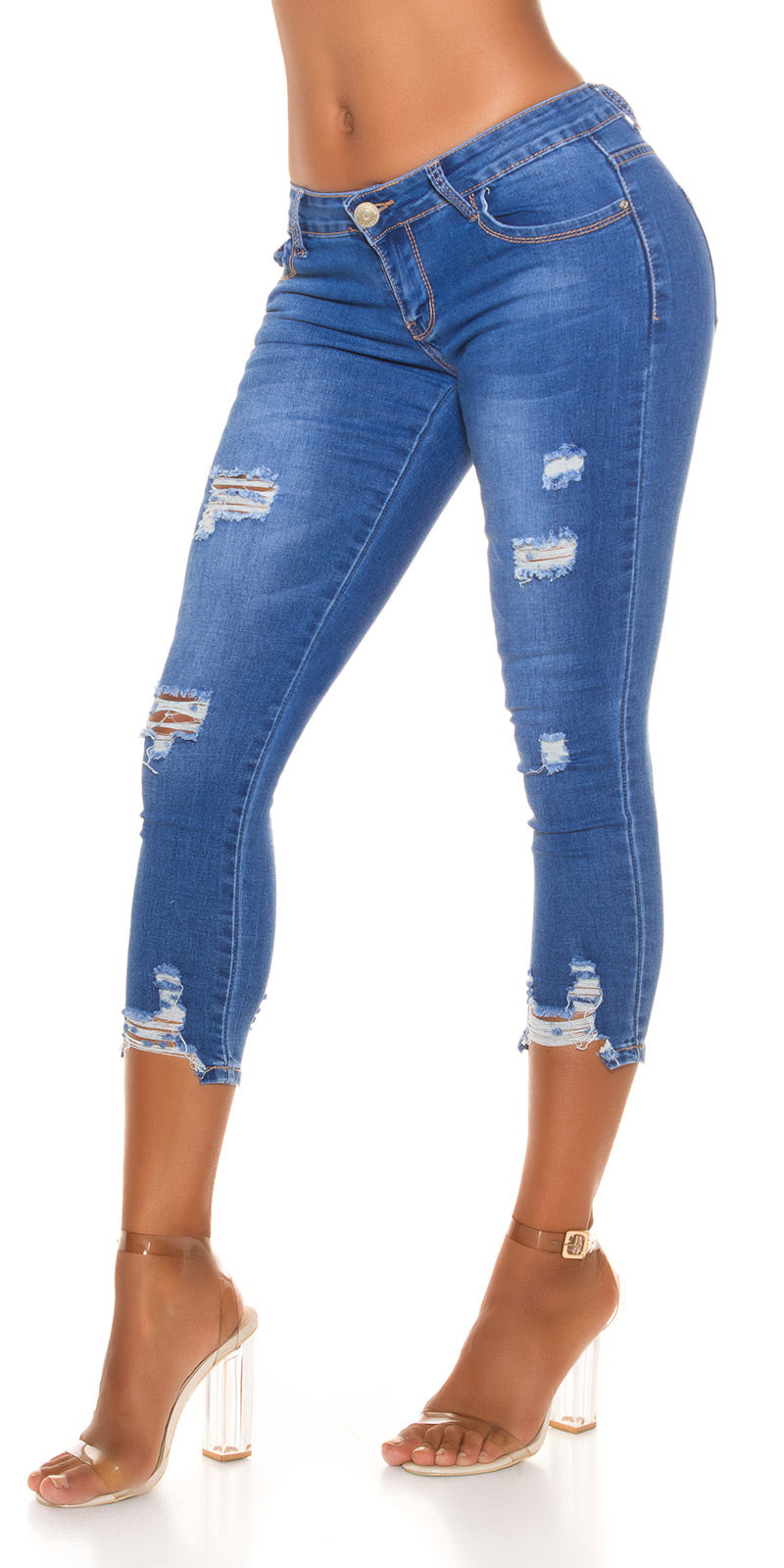 Seksowne dżinsy slim fit 7/8 z niskim stanem w stylu used look