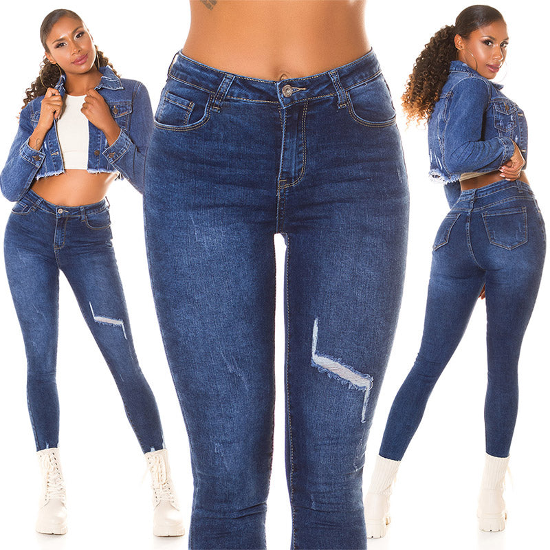 Seksowne jeansy skinny z wysokim stanem z ciemnego denimu