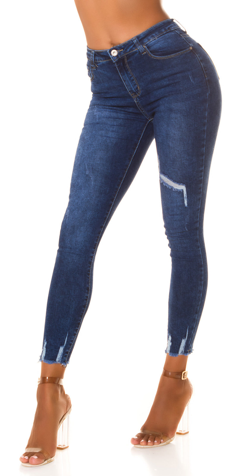 Seksowne jeansy skinny z wysokim stanem z ciemnego denimu
