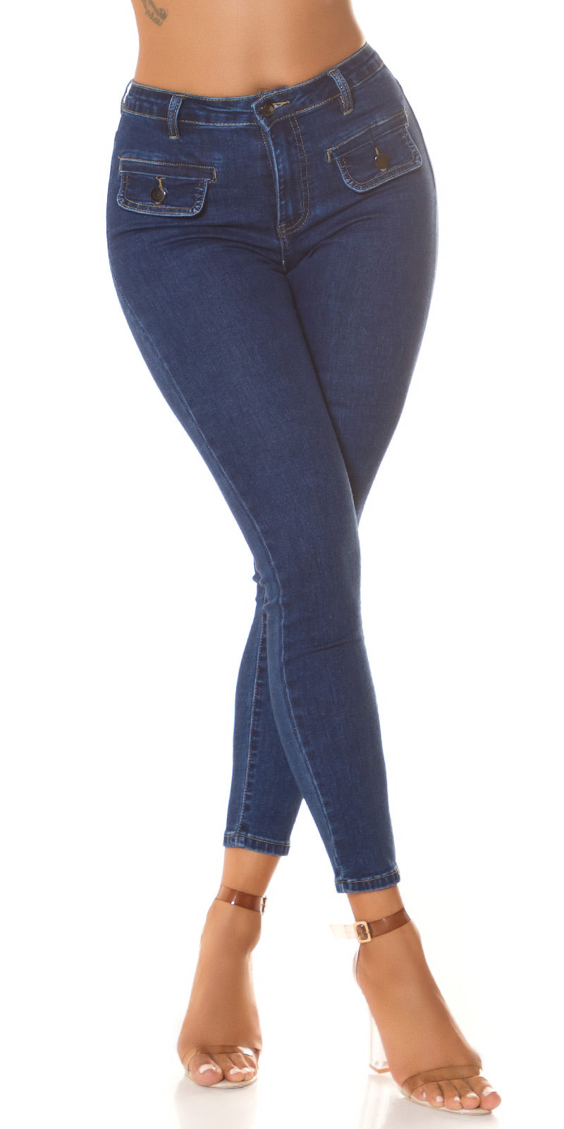 Seksowne jeansy skinny z naszywanymi kieszeniami
