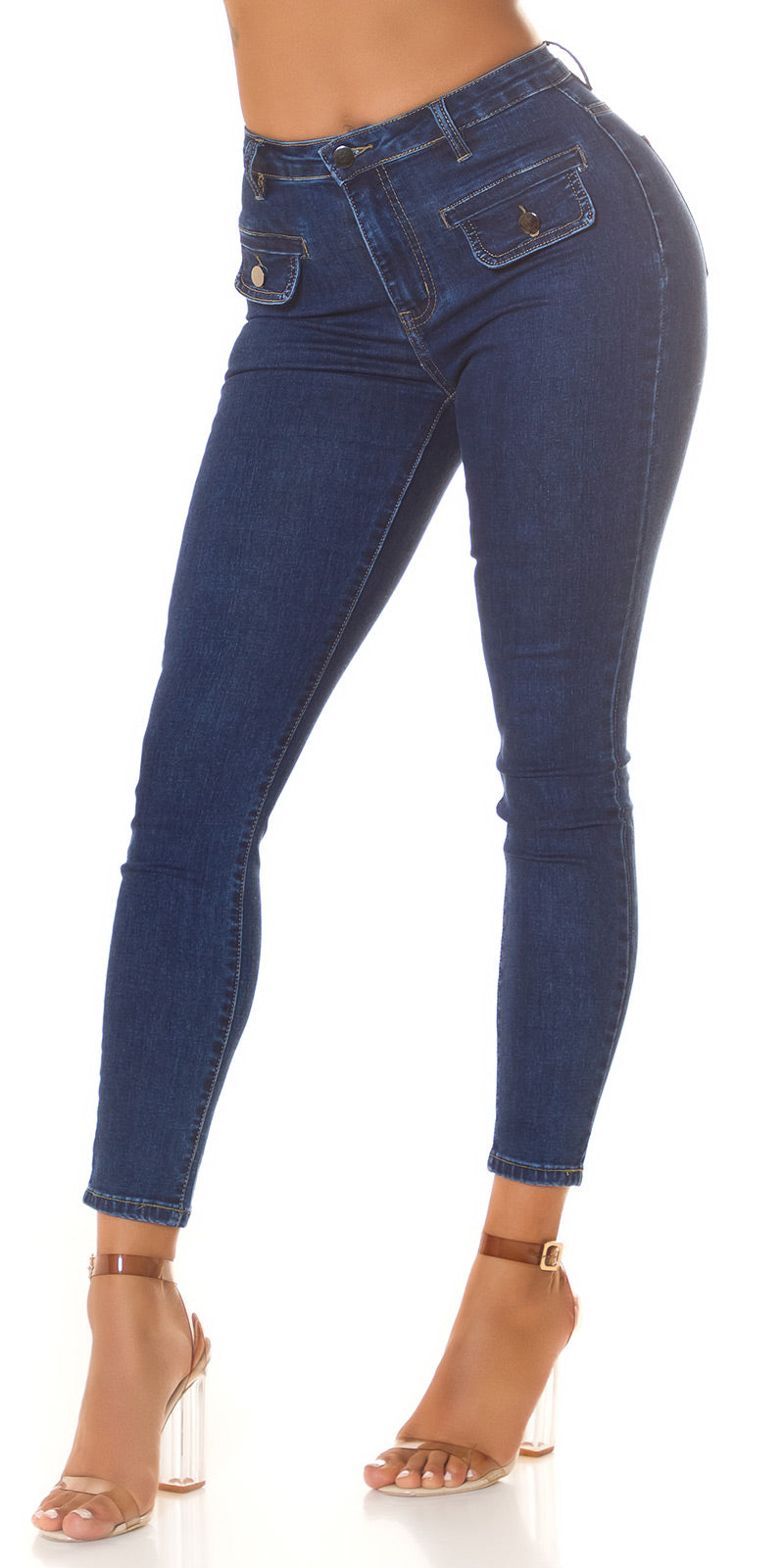 Seksowne jeansy skinny z naszywanymi kieszeniami