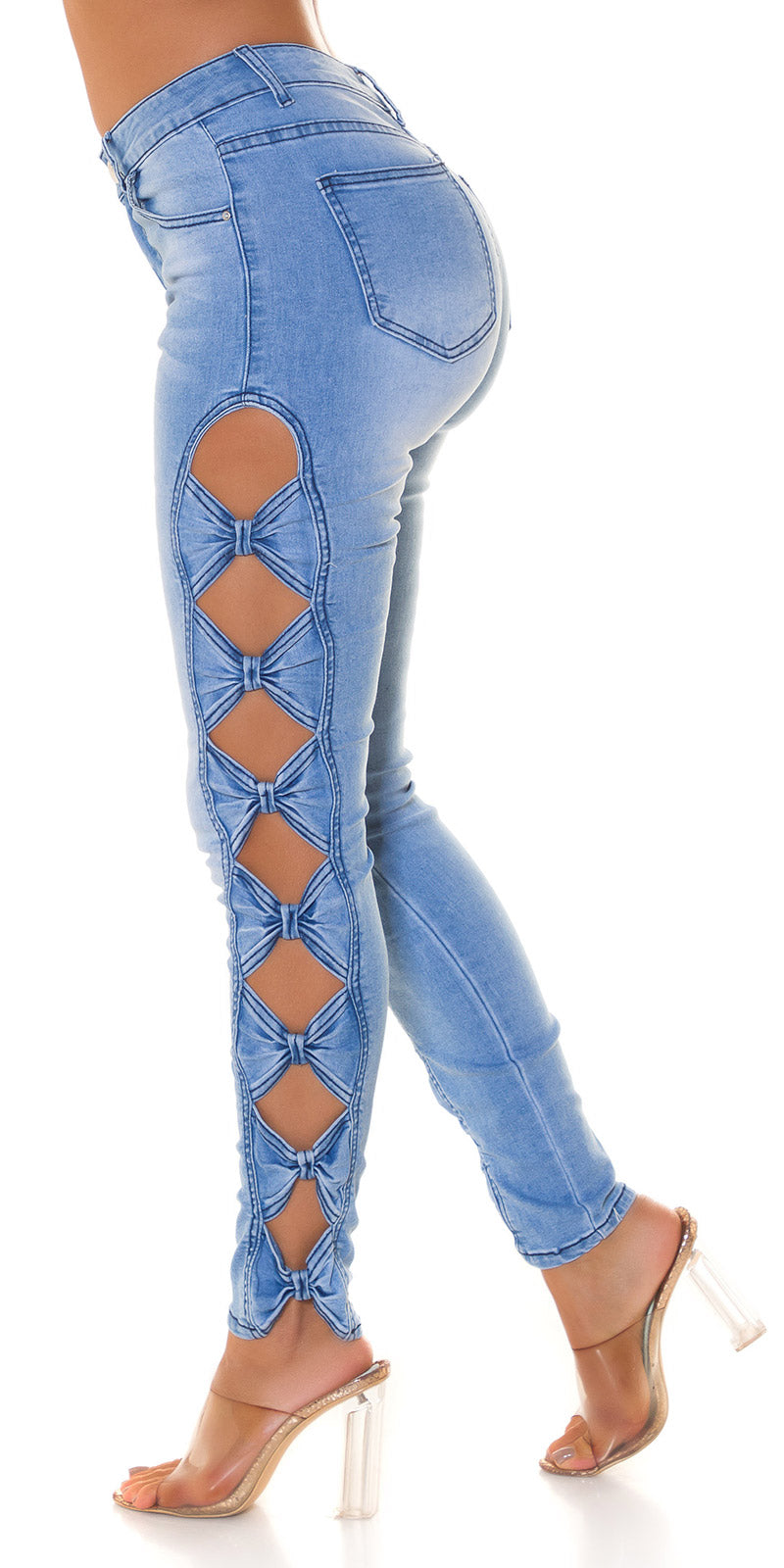 Seksowne jeansy skinny midwaist z wycięciami na kokardki
