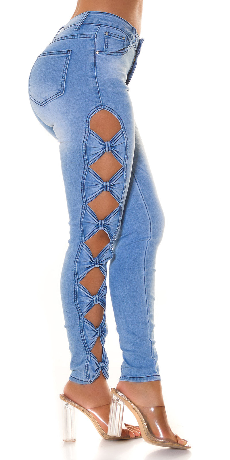 Seksowne jeansy skinny midwaist z wycięciami na kokardki