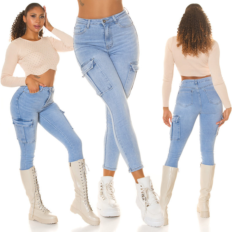 Seksowne jeansy skinny z wysokim stanem w stylu cargo