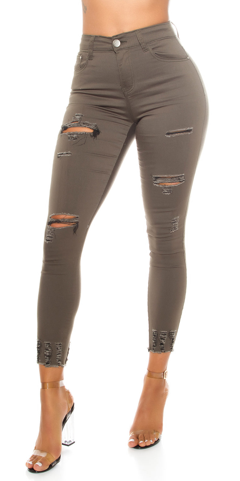 Seksowne jeansy skinny z przetarciami w kolorze khaki