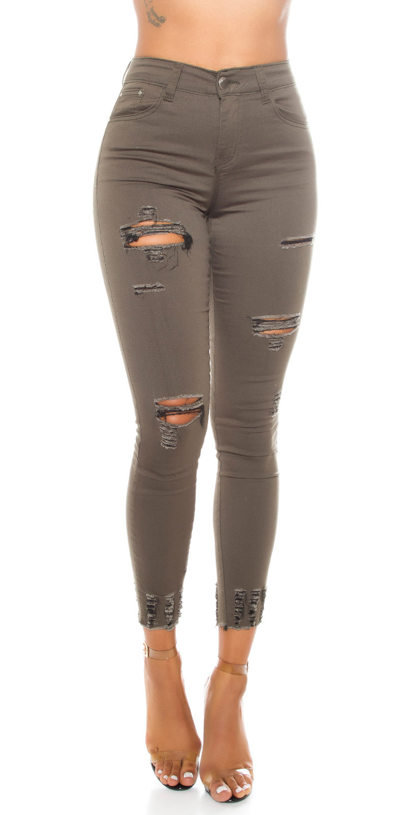 Seksowne jeansy skinny z przetarciami w kolorze khaki