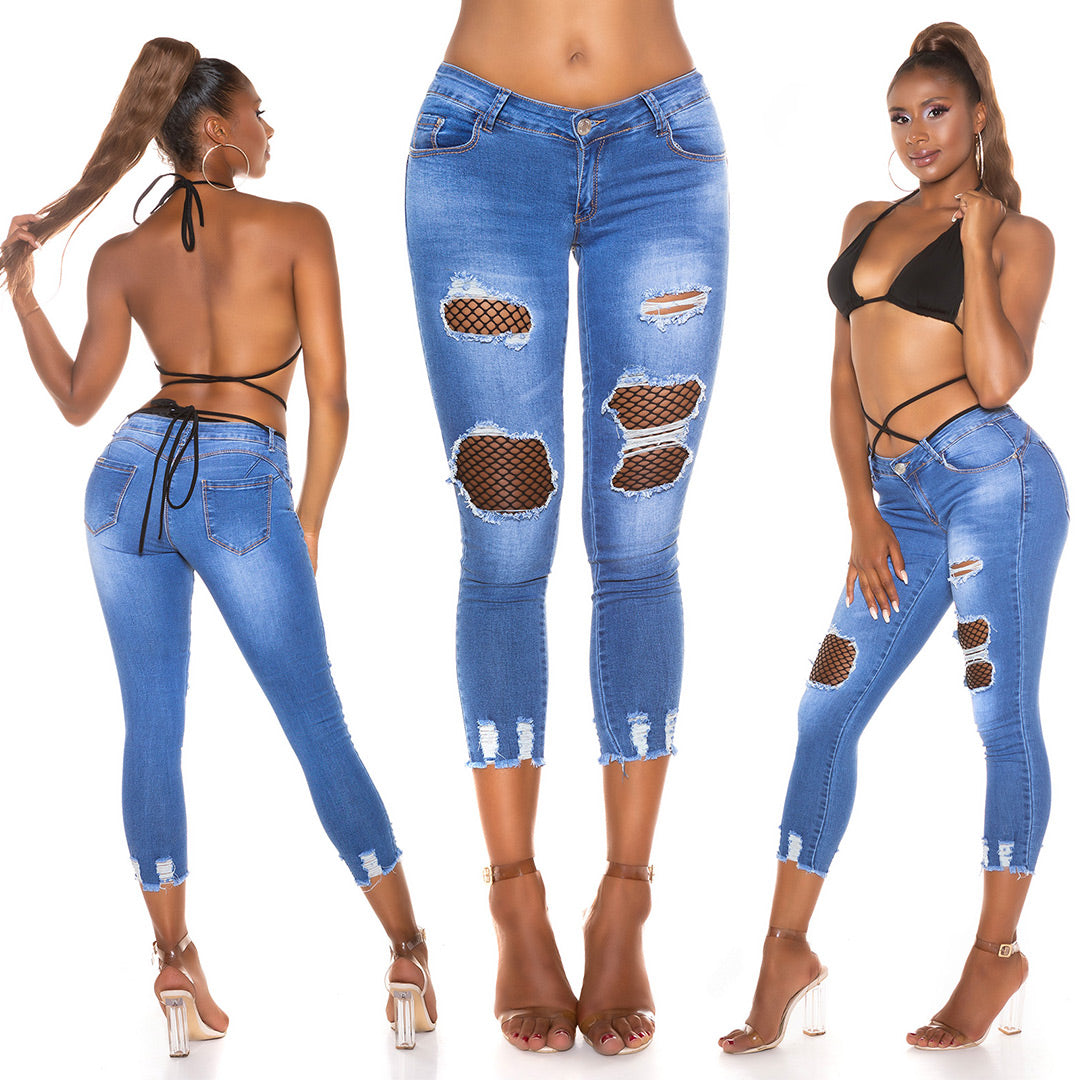Seksowne jeansy skinny z naszywkami z siateczki