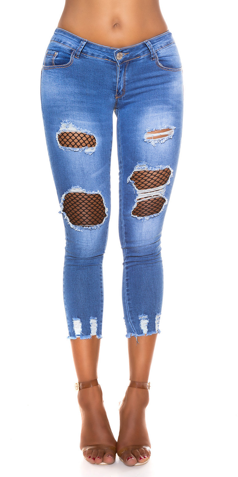 Seksowne jeansy skinny z naszywkami z siateczki