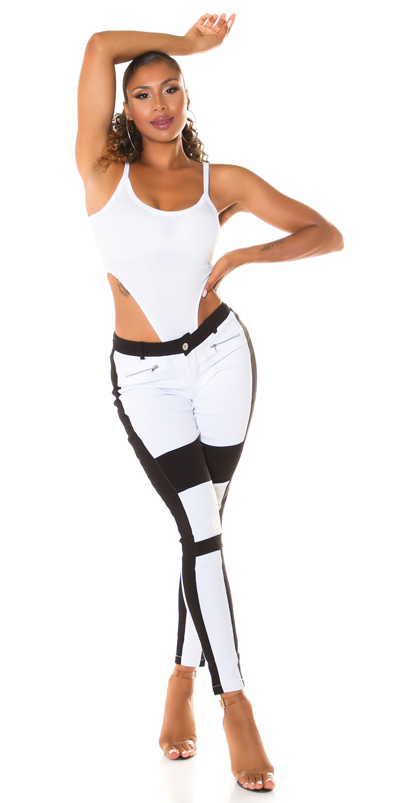 Seksowne dwukolorowe jeansy skinny ze średnim stanem