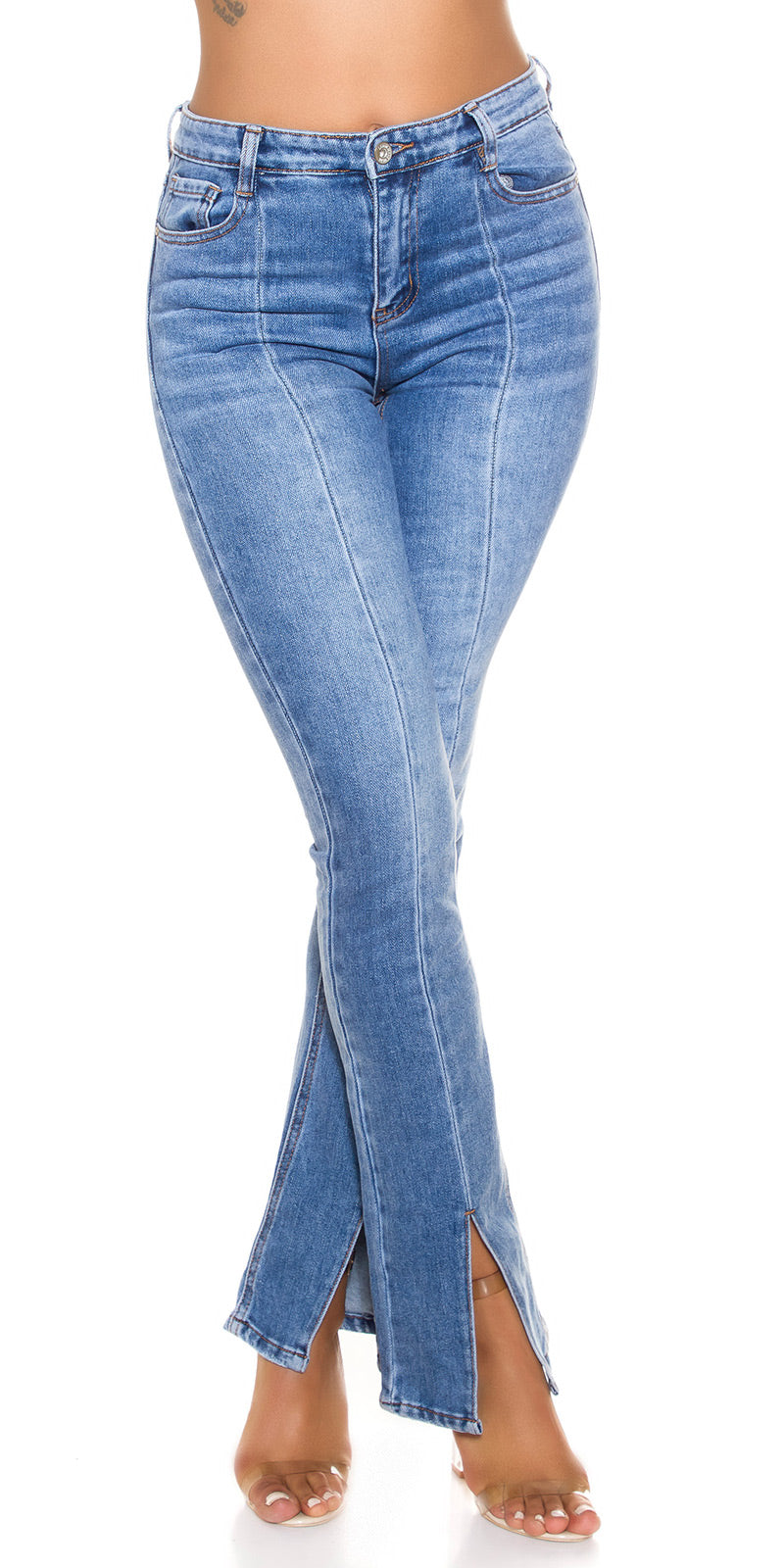 Seksowne dżinsy Bootcut z wysokim stanem i rozcięciem