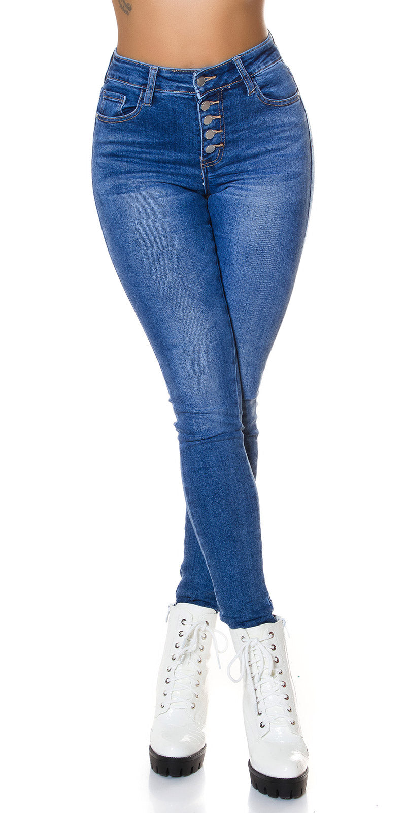 Seksowne jeansy skinny z wysokim stanem i guzikami