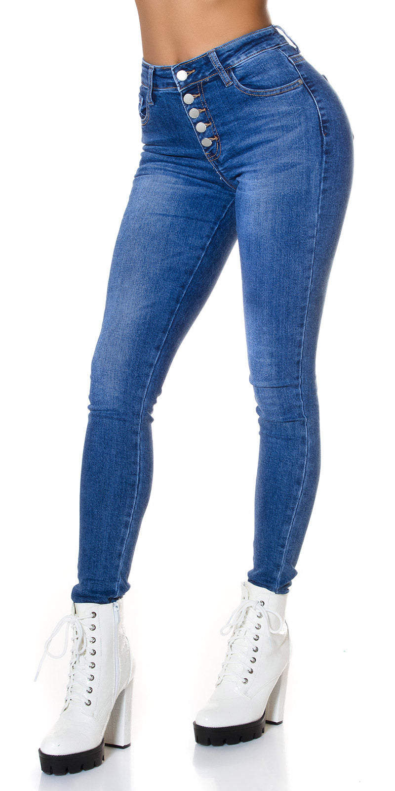 Seksowne jeansy skinny z wysokim stanem i guzikami