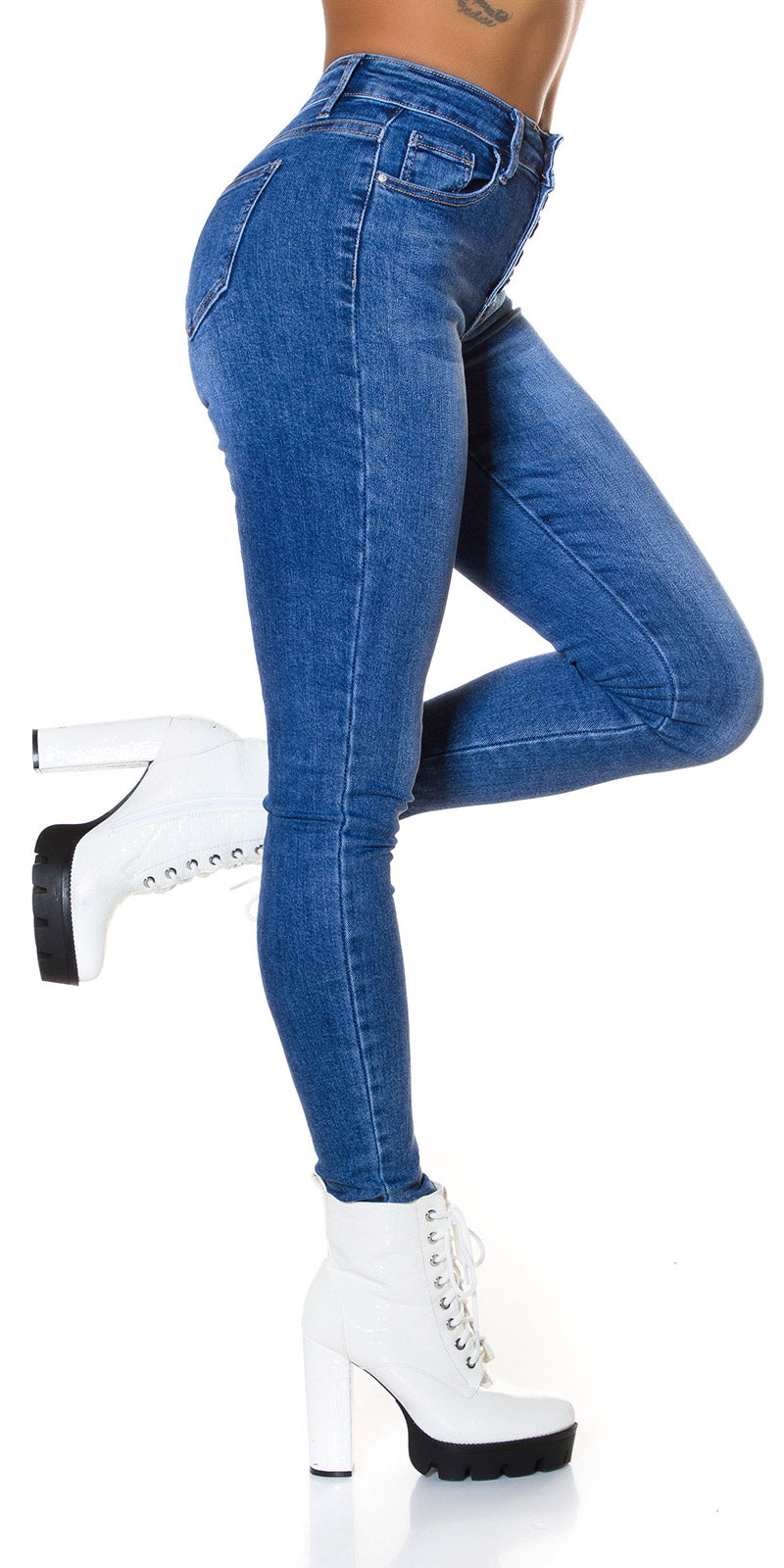 Seksowne jeansy skinny z wysokim stanem i guzikami