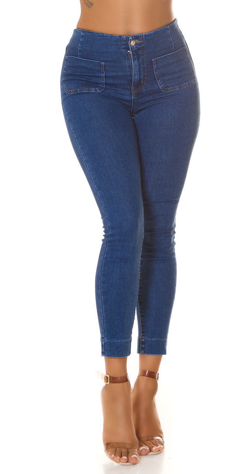 Seksowne jeansy skinny z wysokim stanem i kieszeniami