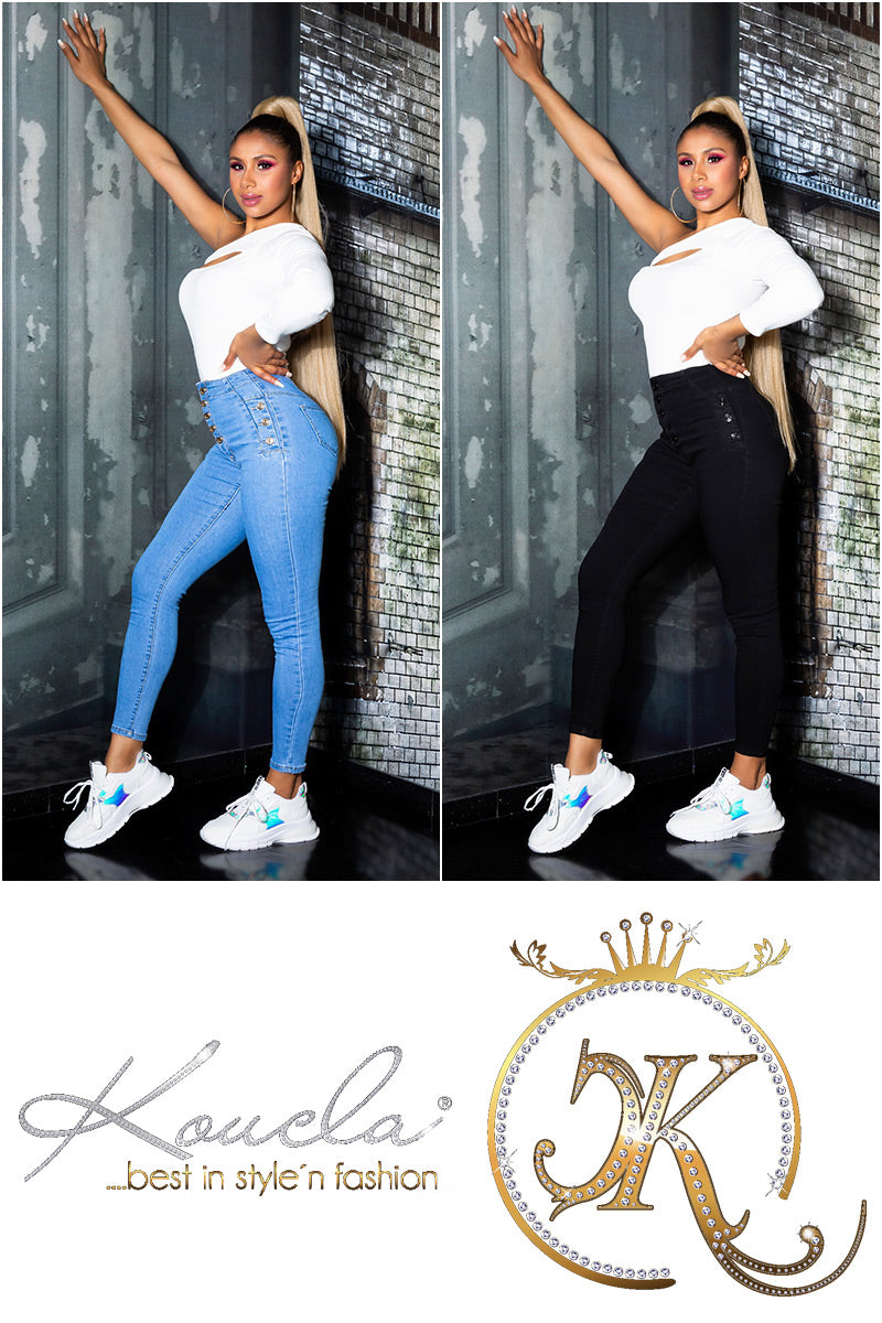 Modne jeansy skinny z wysokim stanem i guzikami