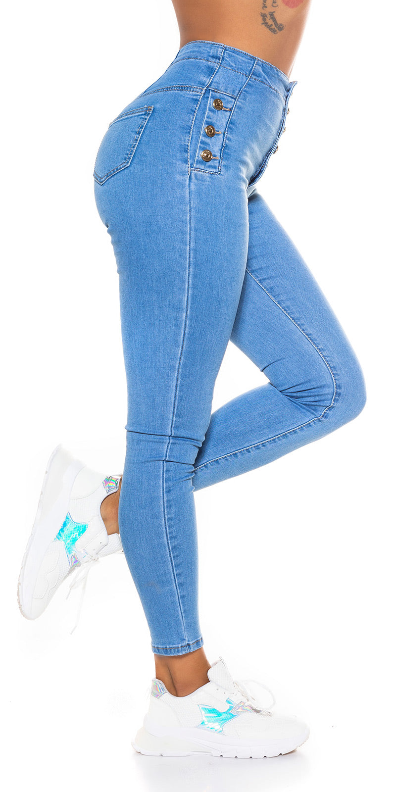 Modne jeansy skinny z wysokim stanem i guzikami