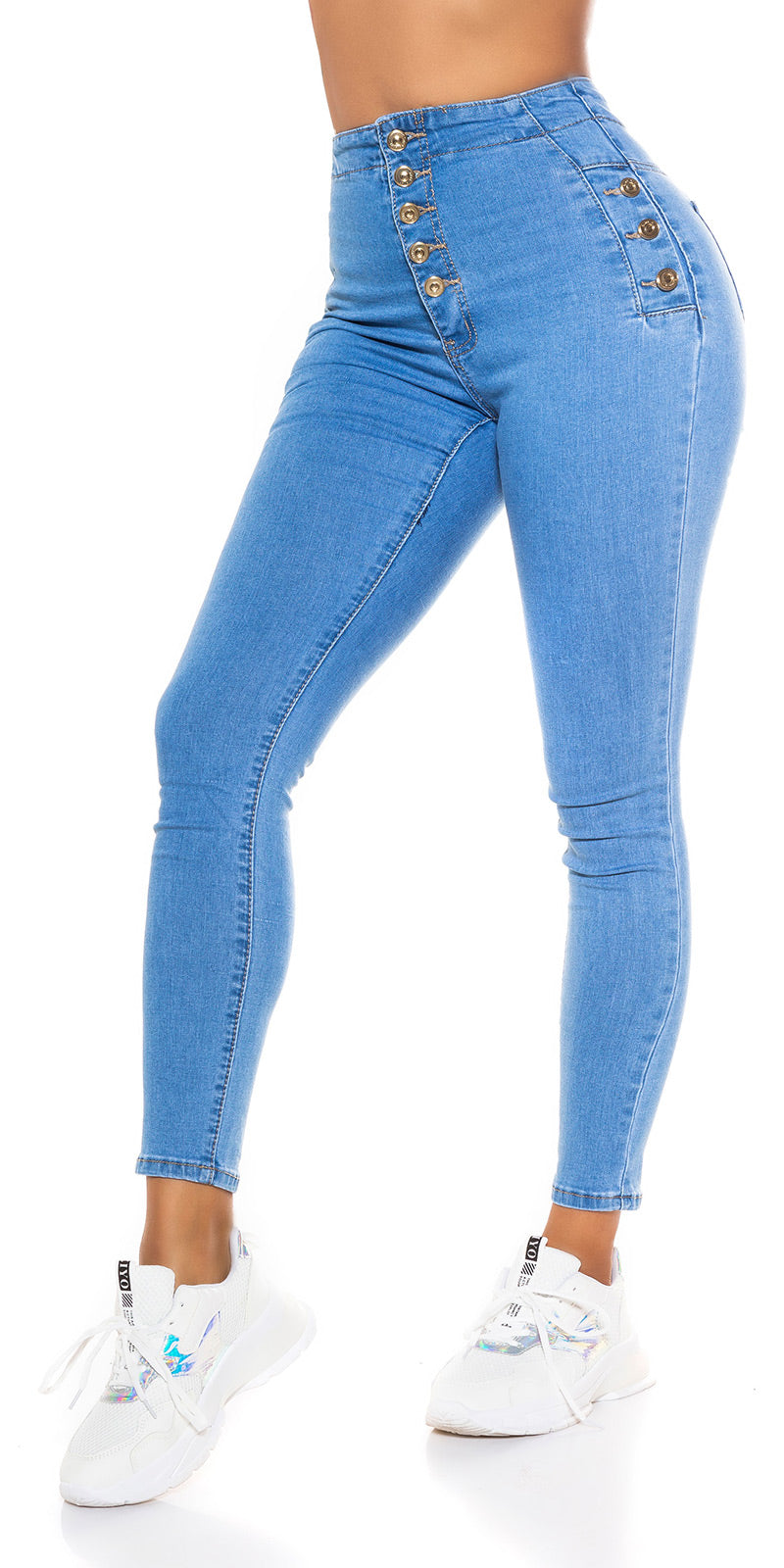 Modne jeansy skinny z wysokim stanem i guzikami